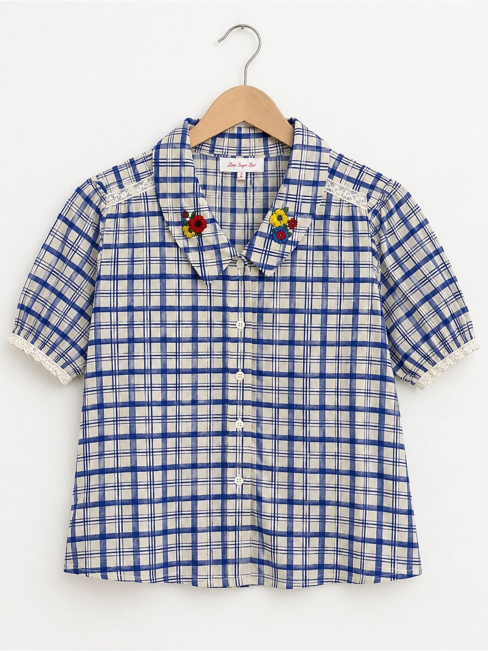 NWOT Lisa Says Gah Blue Plaid Button-Down with Embroidered Floral Collar